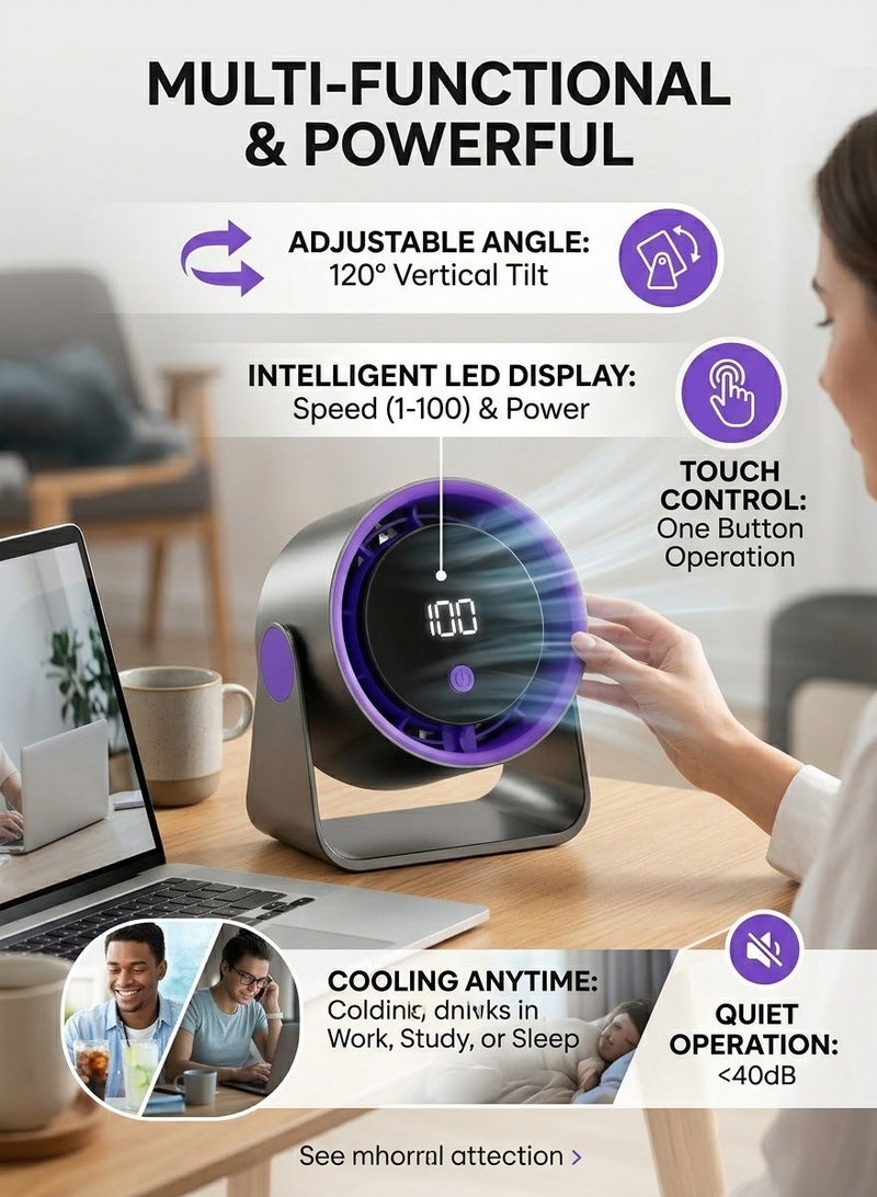 مروحة تهوية صغيرة محمولة | تشغيل هادئ | سرعات قابلة للتعديل | شاشة رقمية تعمل باللمس | تصميم أنيق للاستخدام المنزلي والمكتبي - Image 2