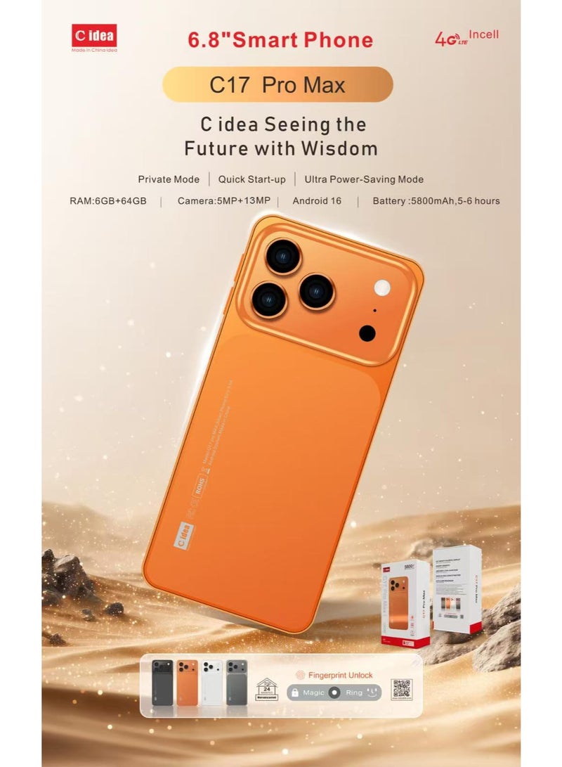 C idea C17 Pro Max Android Smartphone 6.8 Inch HD Display, 6GB RAM, 64GB Storage, 13MP + 5MP Camera, Face Unlock, 5800mAh Battery, Dual SIM Mobile Phone - White - Image 4