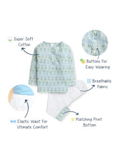 Polka Tots Polka Tots Full Sleeves Night Wear Pineapple Kurta Pyjama - Green  - Image 5
