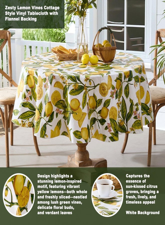 Newbridge Zesty Lemons Vinyl Tablecloth with Flannel Backing, 70 Inch Round, French Country Lemon Vine Print, Easy Care Wipe Clean Indoor Outdoor Table Cover - Image 2