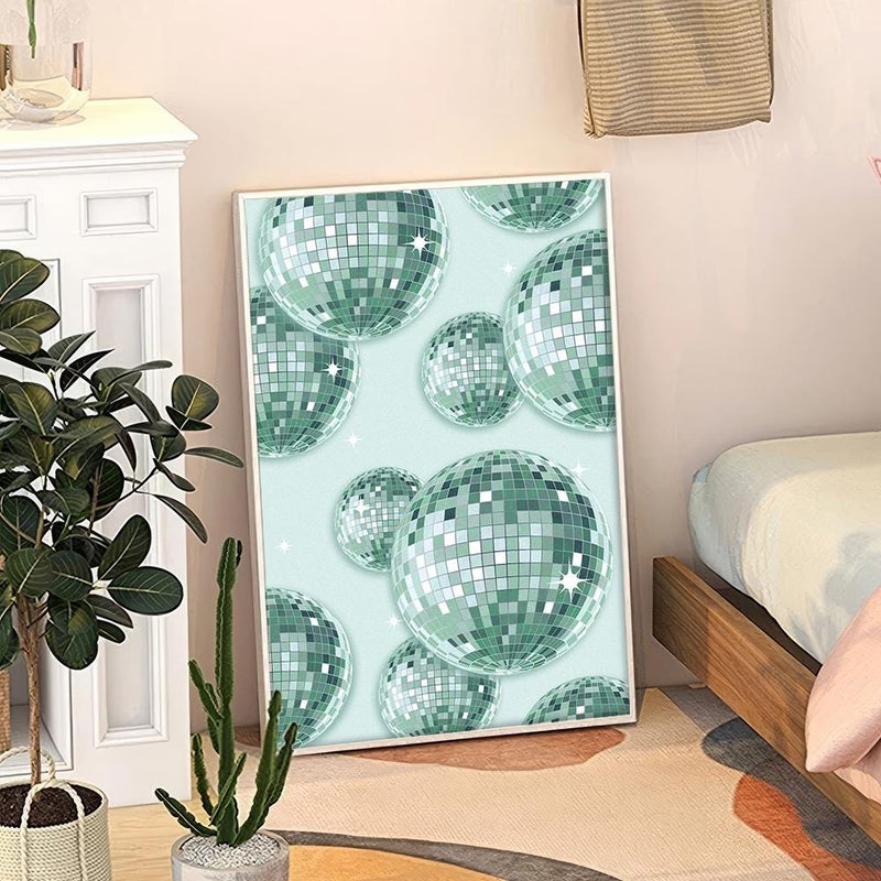 TNESSENTIAL Green Disco Ball Art Canvas Poster, Trendy Wall Art, Apartment Aesthetic Decor, Retro Home Decor, Printed Gift - Image 1