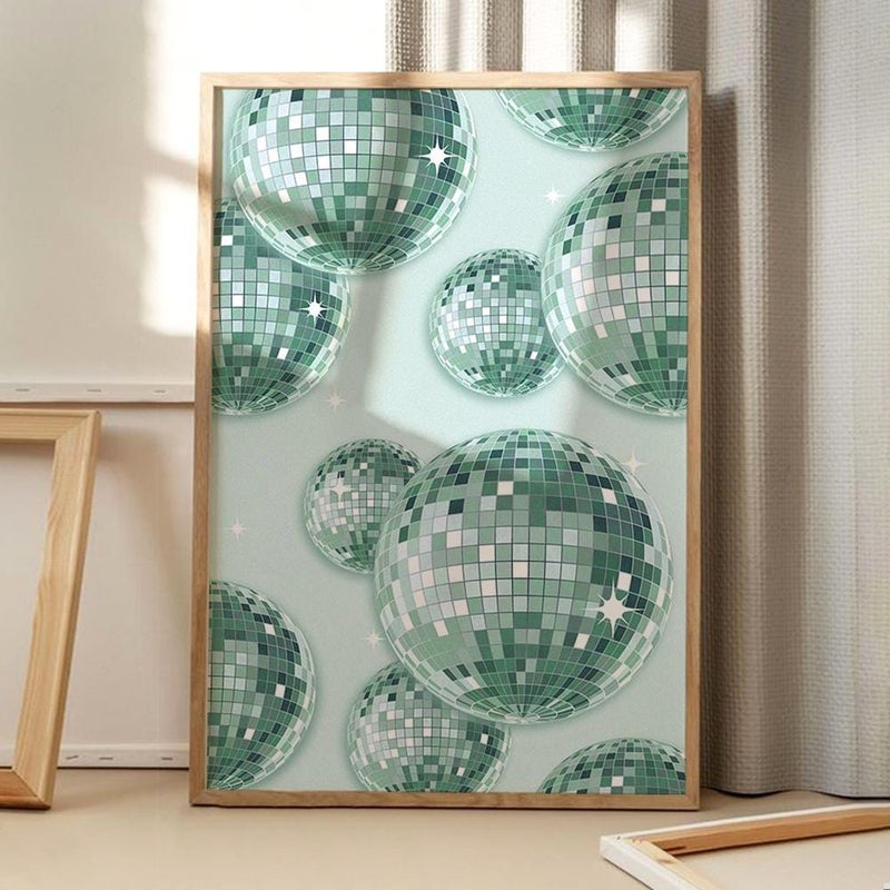 TNESSENTIAL Green Disco Ball Art Canvas Poster, Trendy Wall Art, Apartment Aesthetic Decor, Retro Home Decor, Printed Gift - Image 3