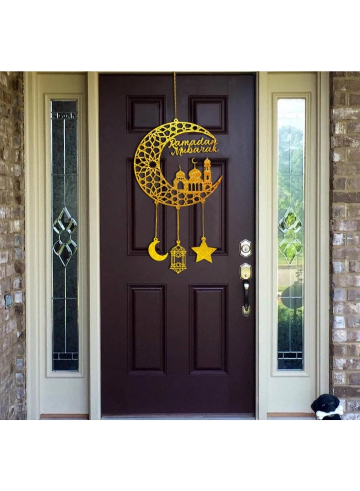 عالم البالونات قطعتان من ديكورات رمضان المبارك المعلقة، لافتة خشبية لعيد كريم معلقة للمنزل والباب والديكور على الحائط، فوانيس قمرية مجوفة على شكل نجمة وقمر وقلعة لتزيين حفلات عيد الفطر الإسلامية - Image 3