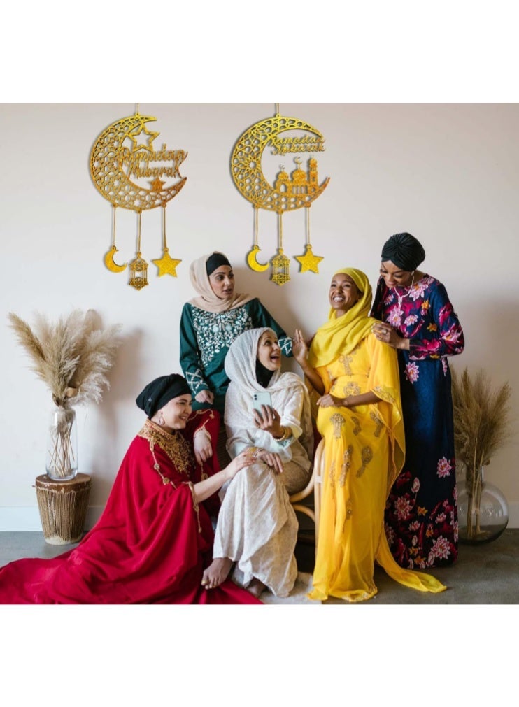 عالم البالونات قطعتان من ديكورات رمضان المبارك المعلقة، لافتة خشبية لعيد كريم معلقة للمنزل والباب والديكور على الحائط، فوانيس قمرية مجوفة على شكل نجمة وقمر وقلعة لتزيين حفلات عيد الفطر الإسلامية - Image 4