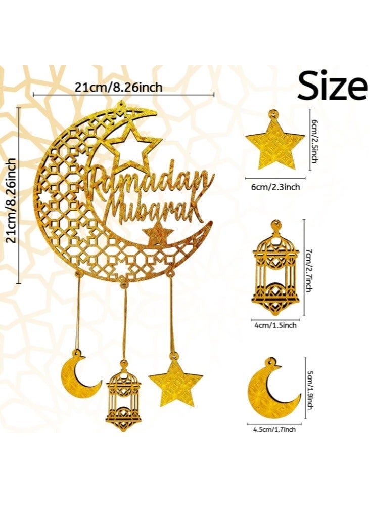 عالم البالونات قطعتان من ديكورات رمضان المبارك المعلقة، لافتة خشبية لعيد كريم معلقة للمنزل والباب والديكور على الحائط، فوانيس قمرية مجوفة على شكل نجمة وقمر وقلعة لتزيين حفلات عيد الفطر الإسلامية - Image 5