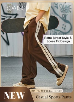 roaiss Retro Style Sports Pants for Men with Woven Belt Loose Fit Wide Leg Casual Pants for College Students with Waist Side Striped Decor Mens Breathable Simple All Match Trousers  - Image 1