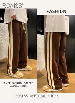 roaiss Retro Style Sports Pants for Men with Woven Belt Loose Fit Wide Leg Casual Pants for College Students with Waist Side Striped Decor Mens Breathable Simple All Match Trousers  - Image 2