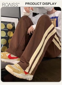 roaiss Retro Style Sports Pants for Men with Woven Belt Loose Fit Wide Leg Casual Pants for College Students with Waist Side Striped Decor Mens Breathable Simple All Match Trousers  - Image 4