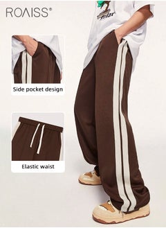 roaiss Retro Style Sports Pants for Men with Woven Belt Loose Fit Wide Leg Casual Pants for College Students with Waist Side Striped Decor Mens Breathable Simple All Match Trousers  - Image 5