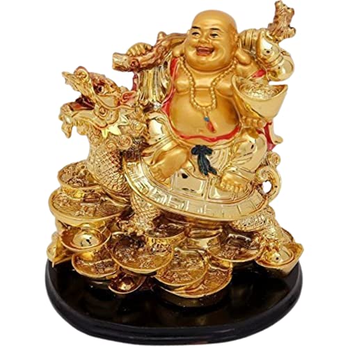 GJ Golden Laughing Buddha with Dragon & Coins Statue | Feng Shui Wealth & Prosperity Idol for Home & Office | Lucky Buddha Showpiece for Vastu Decor & Gift - Image 1