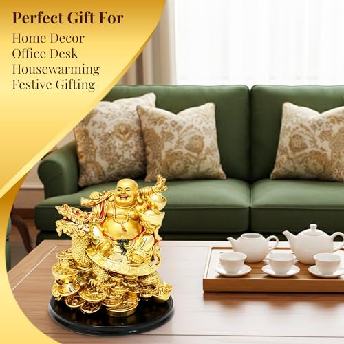 GJ Golden Laughing Buddha with Dragon & Coins Statue | Feng Shui Wealth & Prosperity Idol for Home & Office | Lucky Buddha Showpiece for Vastu Decor & Gift - Image 4