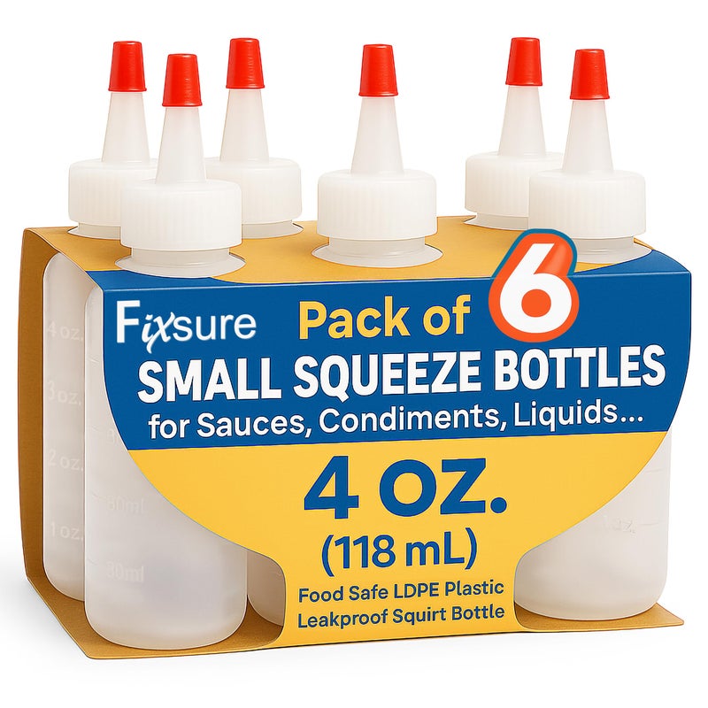 FIXSURE Plastic Squeeze Bottles with Red Tip Cap 4 Oz Squirt Bottle For Ketchup BBQ Sauces Syrup Condiments Oil Pancake Cookie Decorating Dressings Travel Camping Lab Arts and Crafts 1
