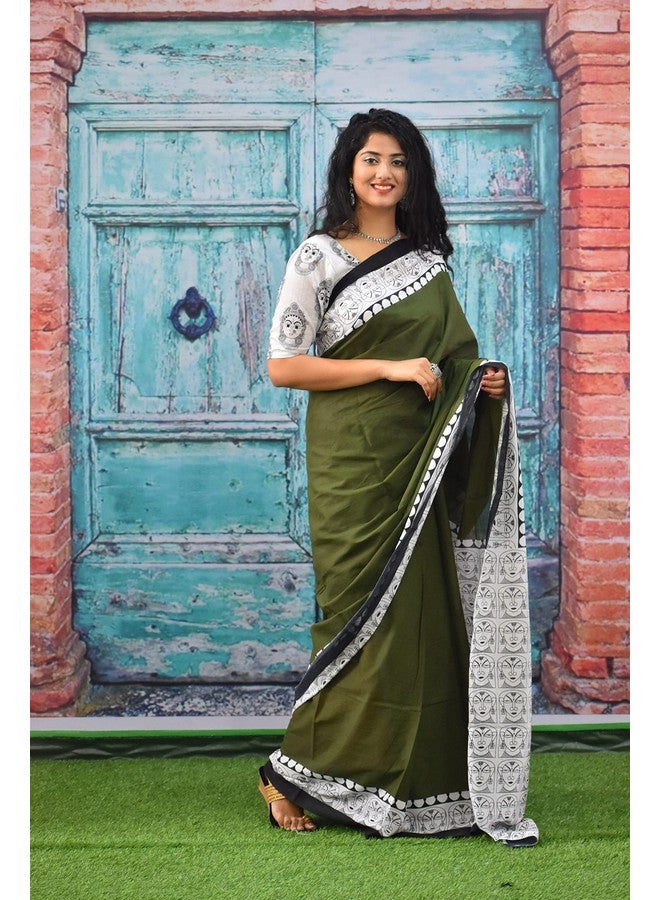Kiaaron Women's Ikat Hand Block Print Jaipuri Cotton Mulmul Saree with Blouse Piece - Green_369 - Image 3