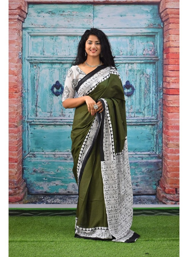 Kiaaron Women's Ikat Hand Block Print Jaipuri Cotton Mulmul Saree with Blouse Piece - Green_369 - Image 2