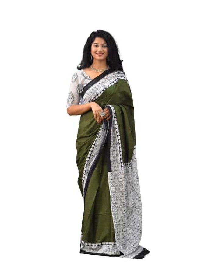 Kiaaron Women's Ikat Hand Block Print Jaipuri Cotton Mulmul Saree with Blouse Piece - Green_369 - Image 1