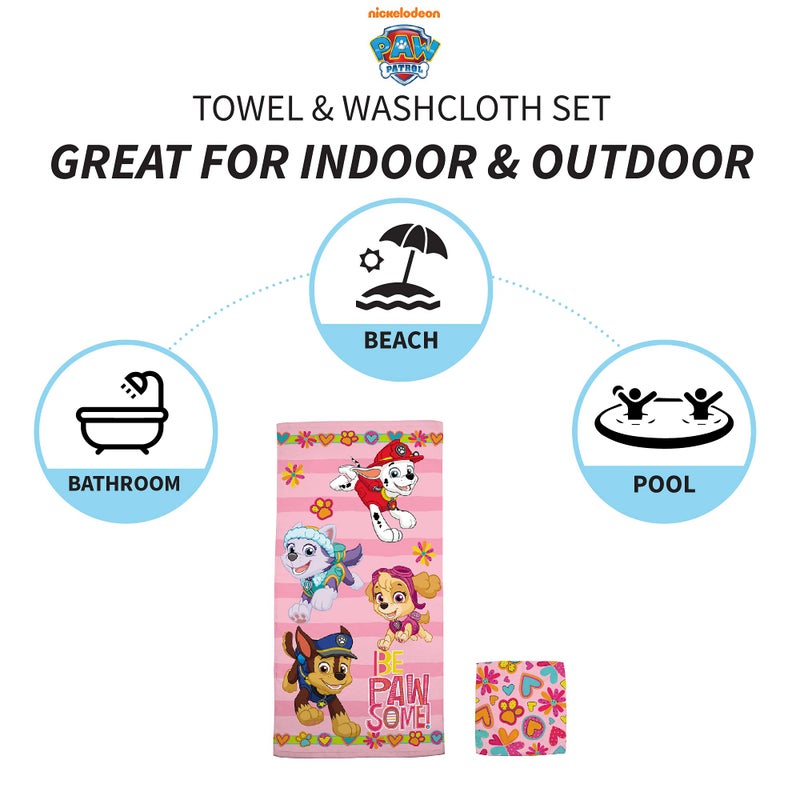 Franco Paw Patrol Girls Kids Bath/Pool/Beach Soft Absorbent Cotton Terry Towel with Washcloth 2 Piece Set, 50 in x 25 in - Image 2