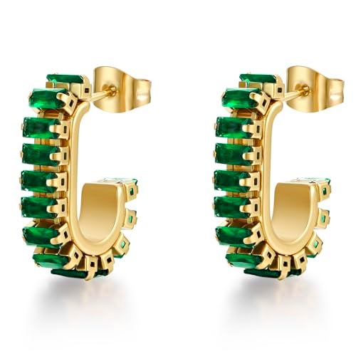 FRUMOS Green crystal huggie gold hoop earrings for women Girls,14K Gold Plated with 925 Sterling Silver Post Cubic Zirconia dainty cute Earrings| CZ Stud Earring (Green CZ C Shape) - Image 1