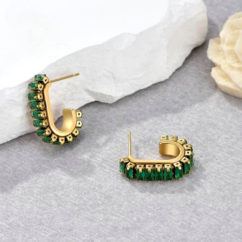 FRUMOS Green crystal huggie gold hoop earrings for women Girls,14K Gold Plated with 925 Sterling Silver Post Cubic Zirconia dainty cute Earrings| CZ Stud Earring (Green CZ C Shape) - Image 3