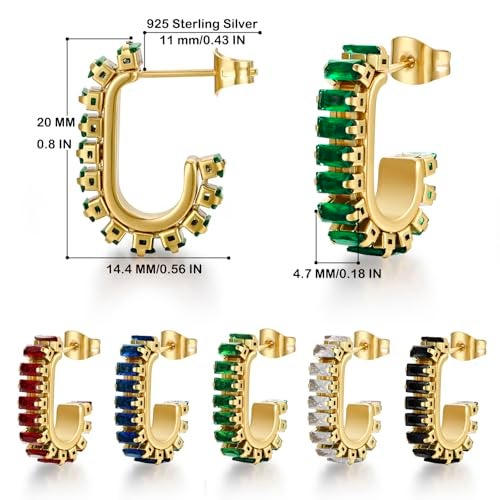 FRUMOS Green crystal huggie gold hoop earrings for women Girls,14K Gold Plated with 925 Sterling Silver Post Cubic Zirconia dainty cute Earrings| CZ Stud Earring (Green CZ C Shape) - Image 2