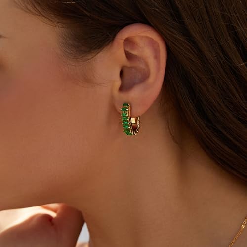 FRUMOS Green crystal huggie gold hoop earrings for women Girls,14K Gold Plated with 925 Sterling Silver Post Cubic Zirconia dainty cute Earrings| CZ Stud Earring (Green CZ C Shape) - Image 4