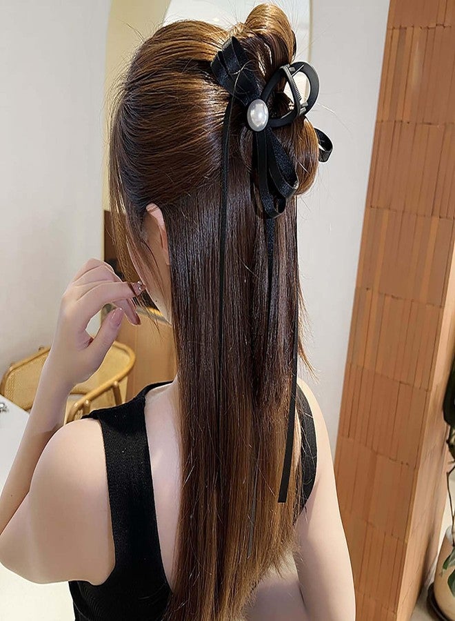 Eviarli Satin Bow Claw Clip Black Hair Bows Long Black Bow Hair Clamps Bowknot Strong Hold Jaw Clip Large Non Slip Hair Clip Fashion Hair Accessories Jewelry for Women and Girls - Image 2