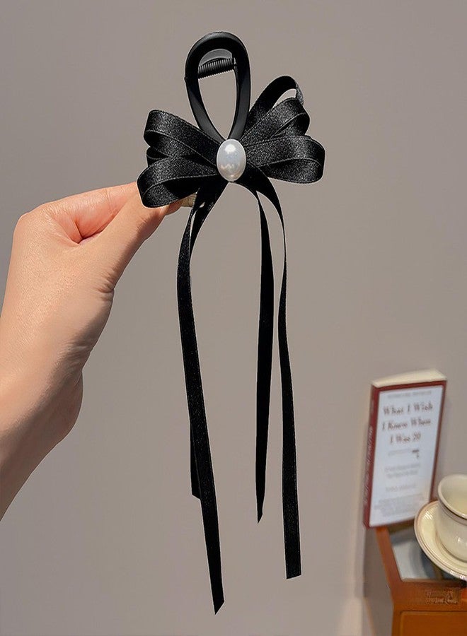 Eviarli Satin Bow Claw Clip Black Hair Bows Long Black Bow Hair Clamps Bowknot Strong Hold Jaw Clip Large Non Slip Hair Clip Fashion Hair Accessories Jewelry for Women and Girls - Image 3