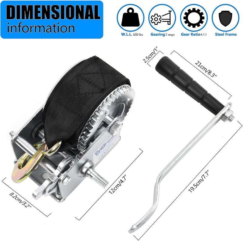 PROFLine 600lbs Hand Winch Heavy Duty Boat Trailer Winch Two-Way Ratchet Gear Crane Weight Translating Hand Crank Winch with 5m Nylon Strap for ATV Truck Towing Rope Winch - Image 2