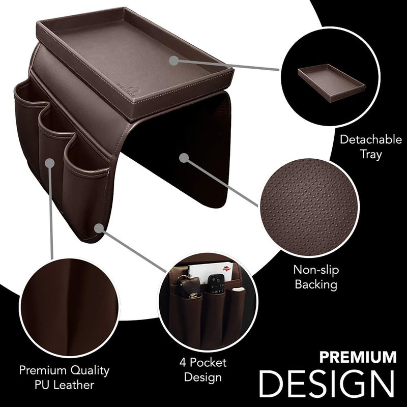 Uneatop Couch Remote Caddy Control Holder Sofa Organizer with Detachable Wooden Snack Tray for Recliner Mattresses Chair Armrests with 4 Slots - 1 Large Pockets and 3 Small Pockets (Brown) - Image 3