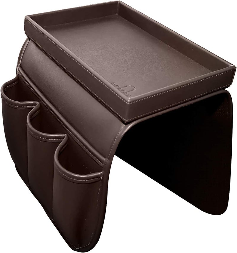 Uneatop Couch Remote Caddy Control Holder Sofa Organizer with Detachable Wooden Snack Tray for Recliner Mattresses Chair Armrests with 4 Slots - 1 Large Pockets and 3 Small Pockets (Brown) - Image 1