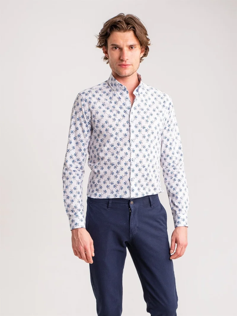 Blue Men's Slim Fit Brent Button Collar Long Sleeve Shirt