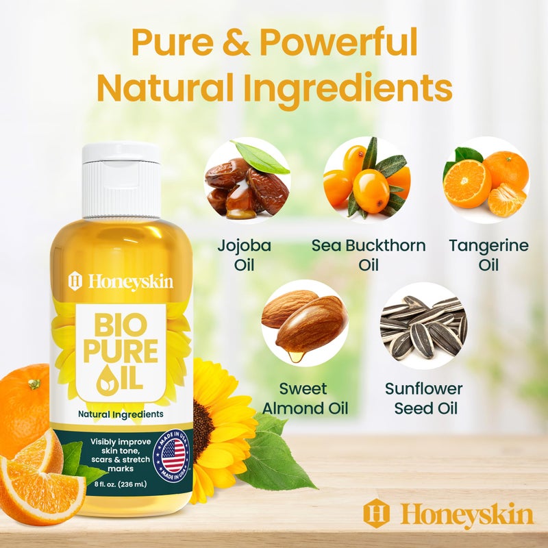 Honeyskin Bio Pure Skincare Oil for skin - Moisturizer for Dry Skin - Pregnancy Stretch Mark Prevention - Oil for Scars - Stretch Mark Treatment with Organic Sweet Almond Oil & Jojoba Oil for skin (8oz) - Image 2
