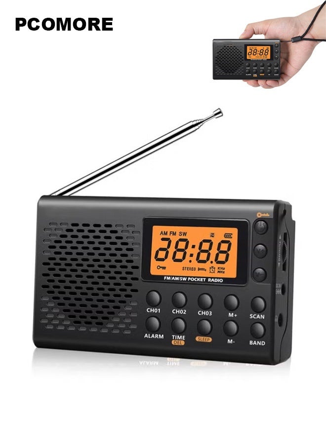 بكومور راديو رقمي محمول متعدد النطاقات AM/FM/SW بشاشة LCD كبيرة ومعالج إشارة DSP، يعمل بالبطارية مع منبه ومؤقت نوم وسماعة أذن للاستخدام في المنزل والسفر والطوارئ - Image 1