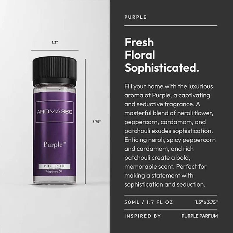 أروما 360  Purple Pro-Pod Oil Blend - Hotel Inspired for Luxury Essential Oil Diffusers - Aromatherapy Scent Diffuser Oil - Neroli Flower, Peppercorn, Cardamom and Patchouli - 50 mL, 1.7 fl oz
