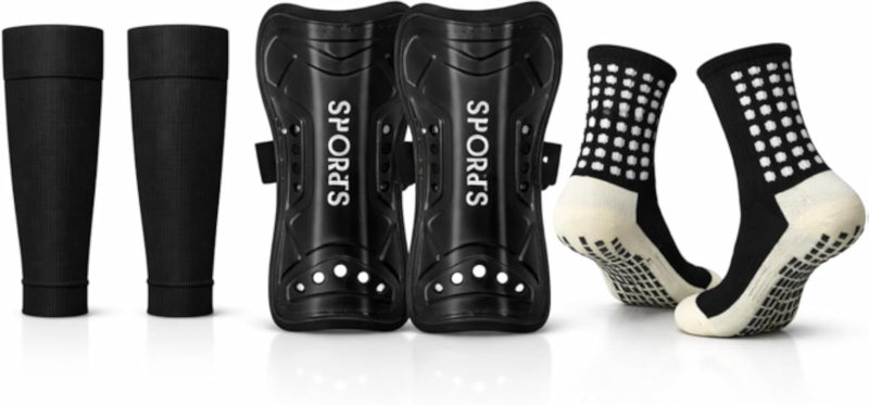 Showday Soccer Shin Guards Set with Grip Soccer Socks and Shin Guard Sleeves, Anti-Slip Quick-Dry Football Socks Kit for Adults and Kids, for Training and Match, Red White Black Blue