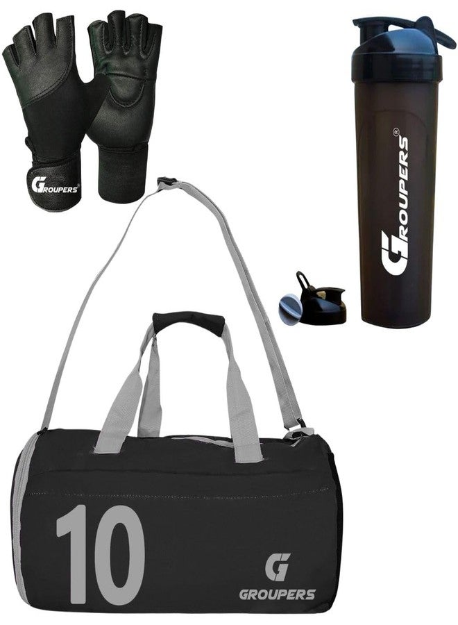 Groupers Foldable Black Duffle Bag 20-25L with Shoe Compartment + 700ml Shaker Bottle & Ventilated Workout Gloves, Waterproof Gym, Travel & Weekender Combo for Men & Women - Image 1