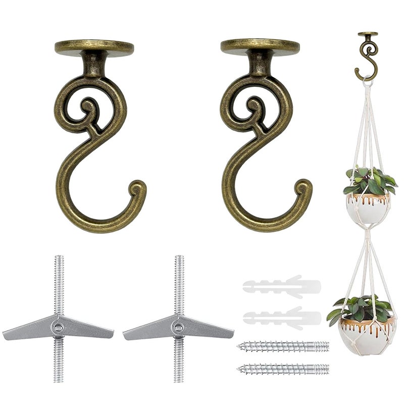 Evsteluo 2 Sets S-Shaped Heavy Duty Ceiling Hook,for Wood, Concrete & Drywall, for Hanging Home Decor, Plants, and More, 40lb Max Load (Antique Brass) - Image 1