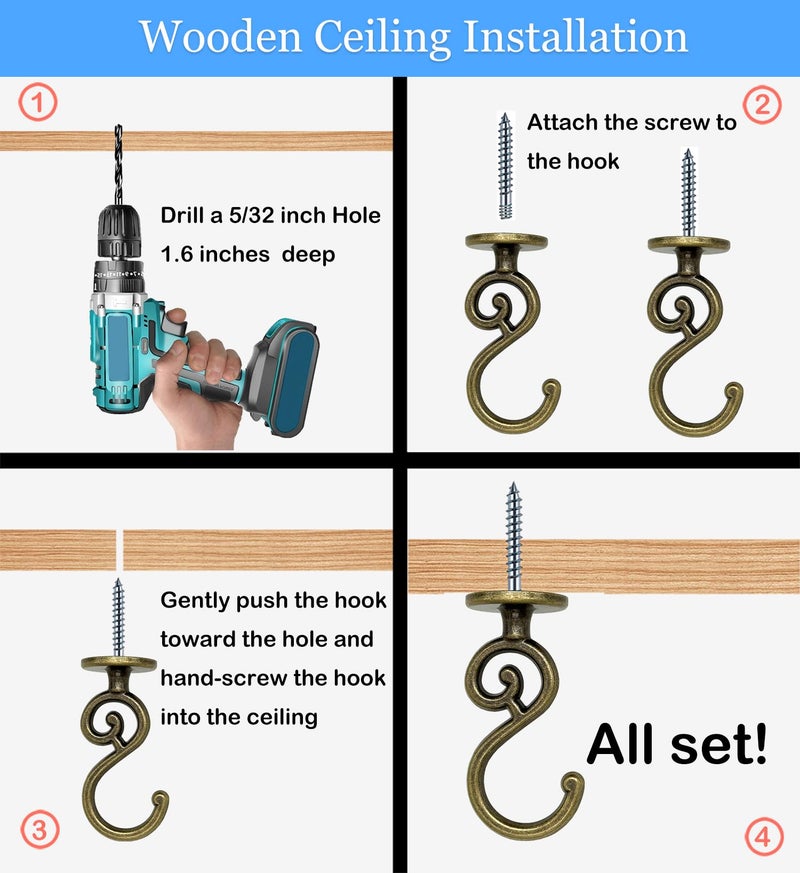 Evsteluo 2 Sets S-Shaped Heavy Duty Ceiling Hook,for Wood, Concrete & Drywall, for Hanging Home Decor, Plants, and More, 40lb Max Load (Antique Brass) - Image 5