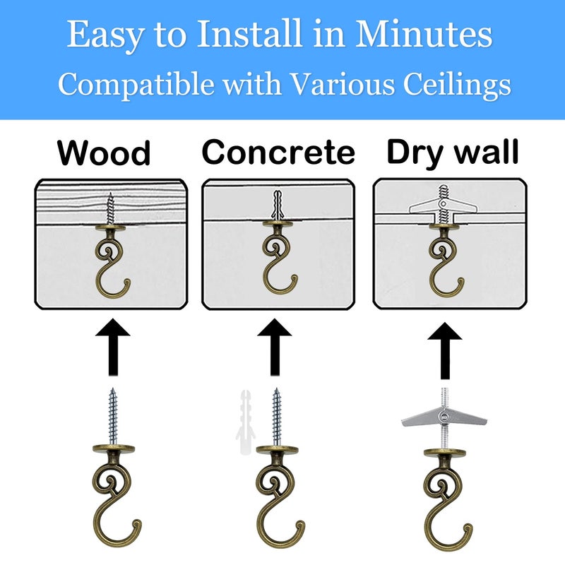 Evsteluo 2 Sets S-Shaped Heavy Duty Ceiling Hook,for Wood, Concrete & Drywall, for Hanging Home Decor, Plants, and More, 40lb Max Load (Antique Brass) - Image 4