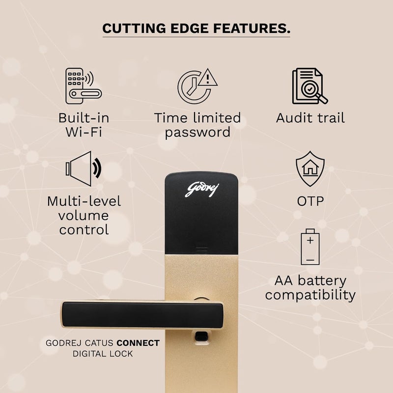 Godrej Locking Solutions and Systems Godrej Digital Lock I Catus Connect I Smart Lock for Wooden Door 5 in 1 Access I WiFi I Fingerprint I RFID Card I PIN Access I Mechanical Key I Champagne Gold Finish  - Image 5