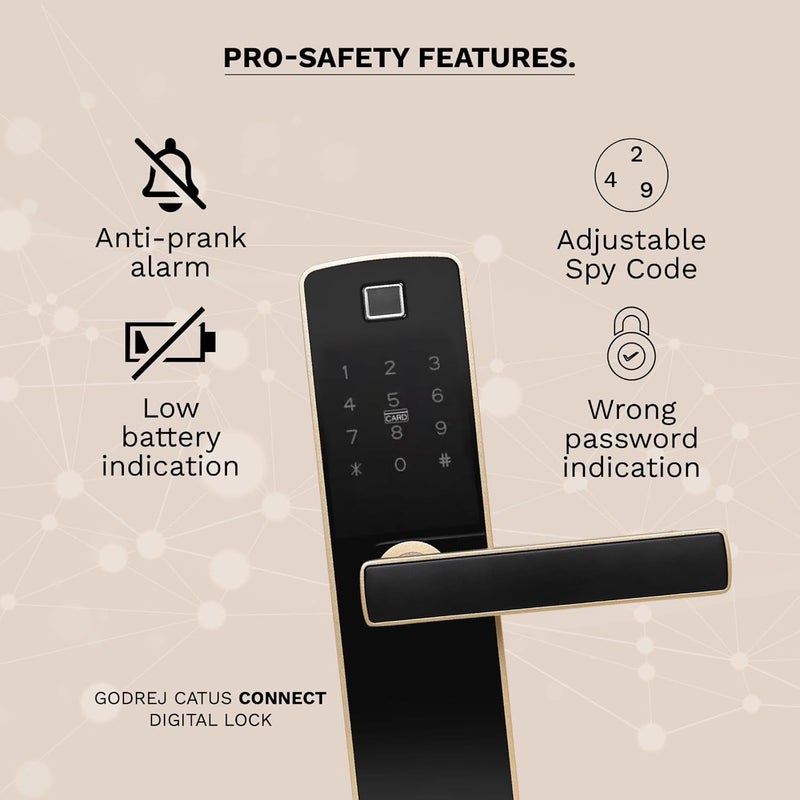 Godrej Locking Solutions and Systems Godrej Digital Lock I Catus Connect I Smart Lock for Wooden Door 5 in 1 Access I WiFi I Fingerprint I RFID Card I PIN Access I Mechanical Key I Champagne Gold Finish  - Image 4