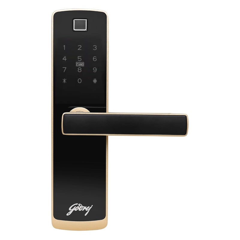 Godrej Locking Solutions and Systems Godrej Digital Lock I Catus Connect I Smart Lock for Wooden Door 5 in 1 Access I WiFi I Fingerprint I RFID Card I PIN Access I Mechanical Key I Champagne Gold Finish  - Image 1