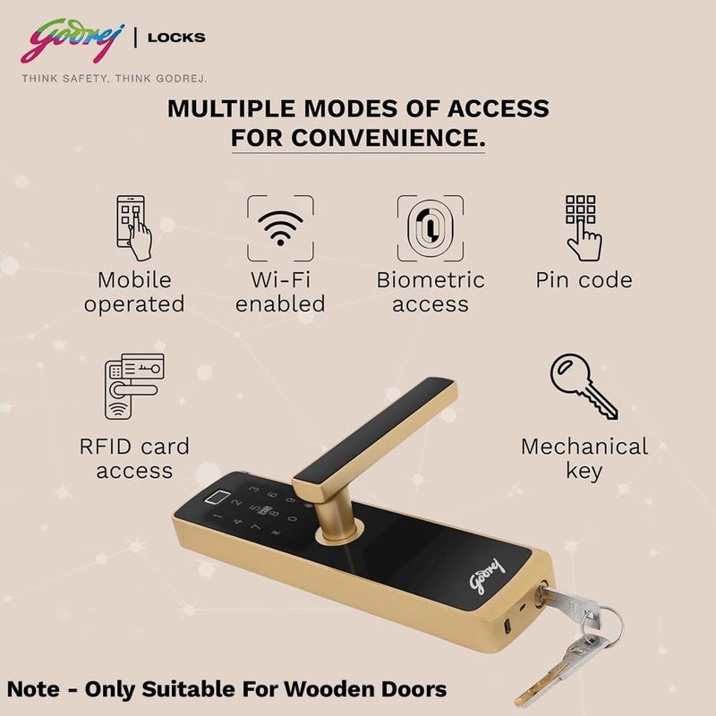 Godrej Locking Solutions and Systems Godrej Digital Lock I Catus Connect I Smart Lock for Wooden Door 5 in 1 Access I WiFi I Fingerprint I RFID Card I PIN Access I Mechanical Key I Champagne Gold Finish  - Image 2