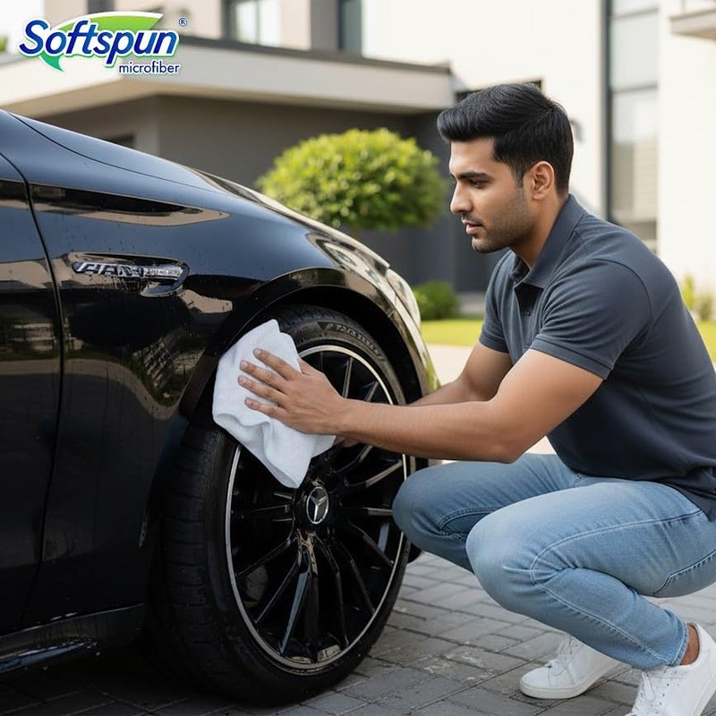 SOFTSPUN Microfiber Cleaning Cloth 5 pcs 40x40cm 340 GSM White! Thick Lint & Streak-Free Super Absorbent Multi-Purpose Automotive Towels for Cars Bike Glass Polishing Washing & Detailing. - Image 5