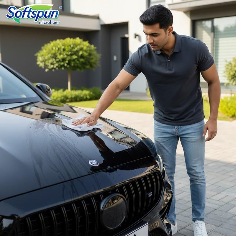 SOFTSPUN Microfiber Cleaning Cloth 5 pcs 40x40cm 340 GSM White! Thick Lint & Streak-Free Super Absorbent Multi-Purpose Automotive Towels for Cars Bike Glass Polishing Washing & Detailing. - Image 4