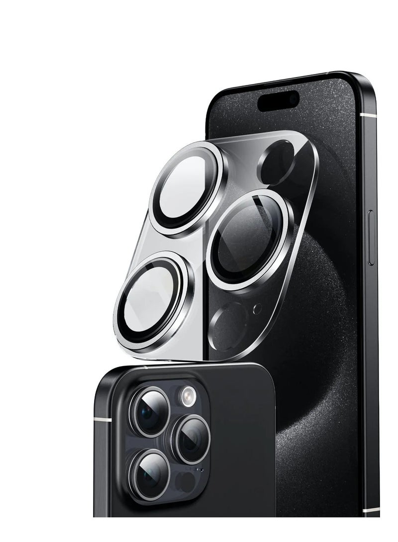 جرين ليون عدسة كاميرا آيفون 15 برو / 15 برو ماكس عالية الدقة / حلقة معدنية / طلاء بتقنية الواقع المعزز / إطار من الأكريليك / الكل في قطعة واحدة / سهولة التركيب / غطاء كامل للغطاء / تصميم زجاج مقوى 9H - فضي - Image 2