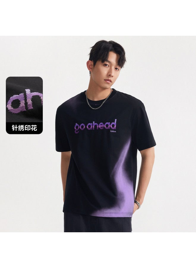 Cabbeen Men's Short Sleeve T-shirt Gradient Color Block Smudged Random Needle Embroidery Letter Short Sleeve T-shirt Men - Image 2