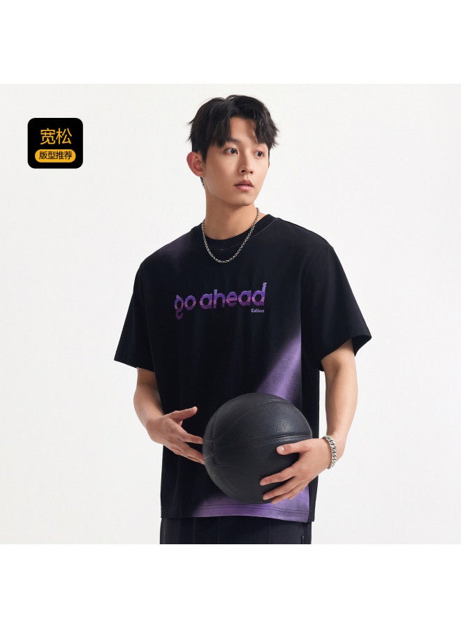 Cabbeen Men's Short Sleeve T-shirt Gradient Color Block Smudged Random Needle Embroidery Letter Short Sleeve T-shirt Men - Image 4