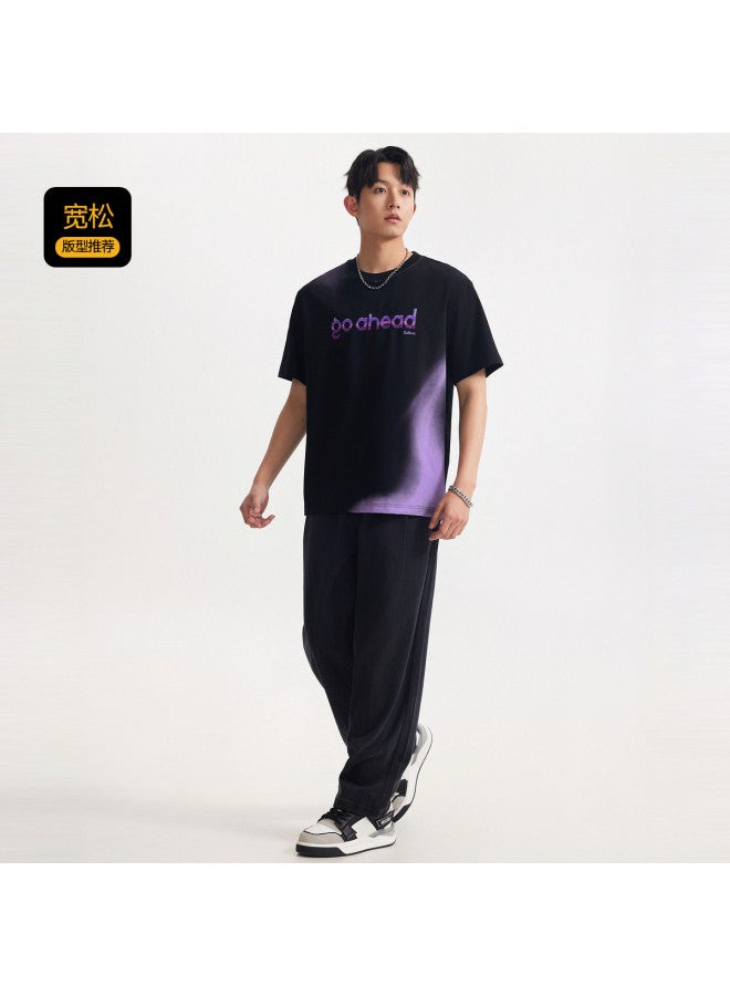 Cabbeen Men's Short Sleeve T-shirt Gradient Color Block Smudged Random Needle Embroidery Letter Short Sleeve T-shirt Men - Image 3
