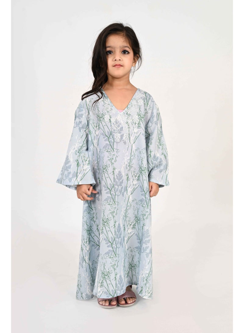 Linelle Kids Jalabiya – Blue and Grey Floral Print and Embroidery Detailing - Image 5