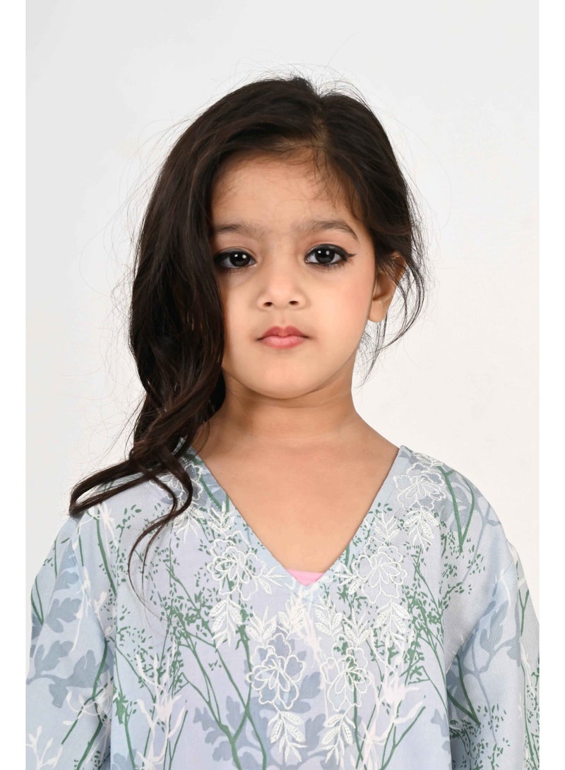 Linelle Kids Jalabiya – Blue and Grey Floral Print and Embroidery Detailing - Image 1